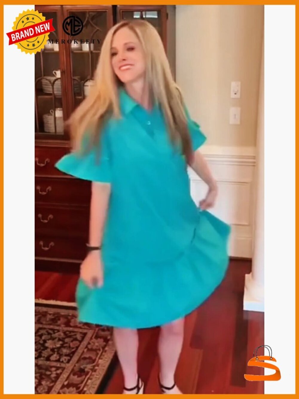 Button Down Ruffle Sleeve Shift Mini Dress with Pockets - Picture 7 of 7
